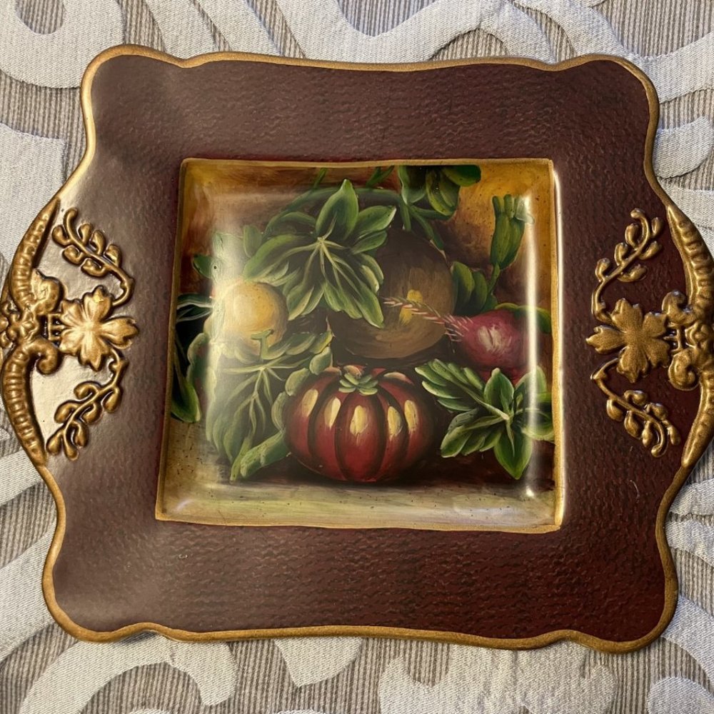 Vintage Raymond Waites Decorative Plate - Burgundy, Gold - Vegetables - EUC